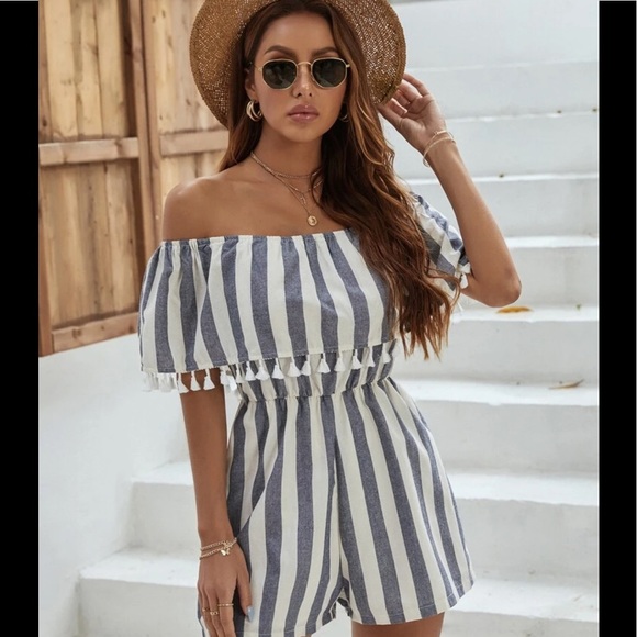 BLUE/CREAM STRIPED FRINGE TRIM BARDOT ROMPER - Picture 6 of 8